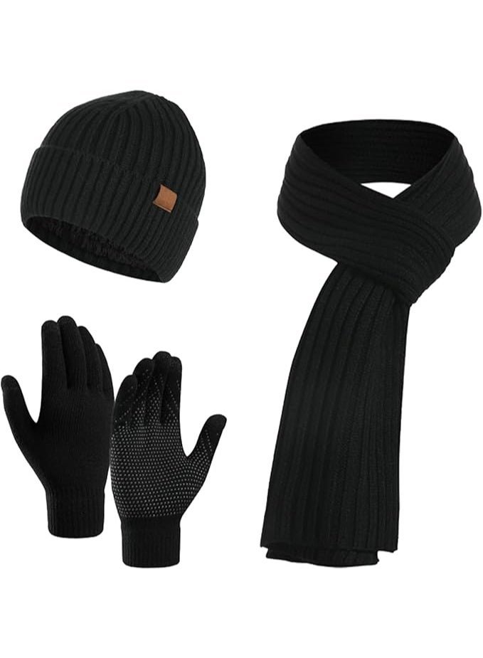 3Pcs Winter Hat Gloves Scarf Set,Ski Cap Touch Screen Mittens Suit Women Men,Warm Fleece Lined Beanie Hat Scarf Gloves Set for Sports Outdoor